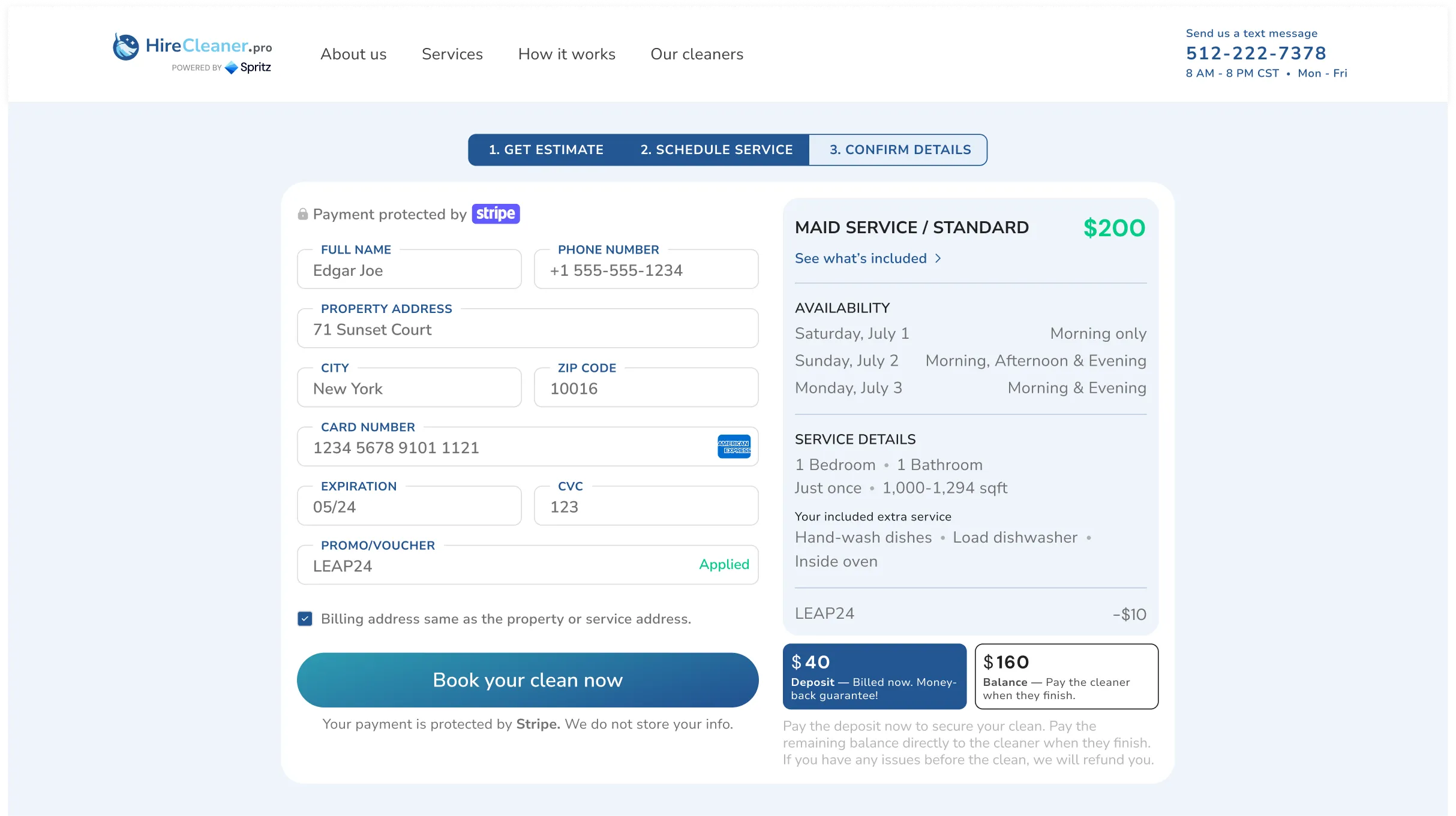 HireCleaner estimate flow confirmation and payment step.