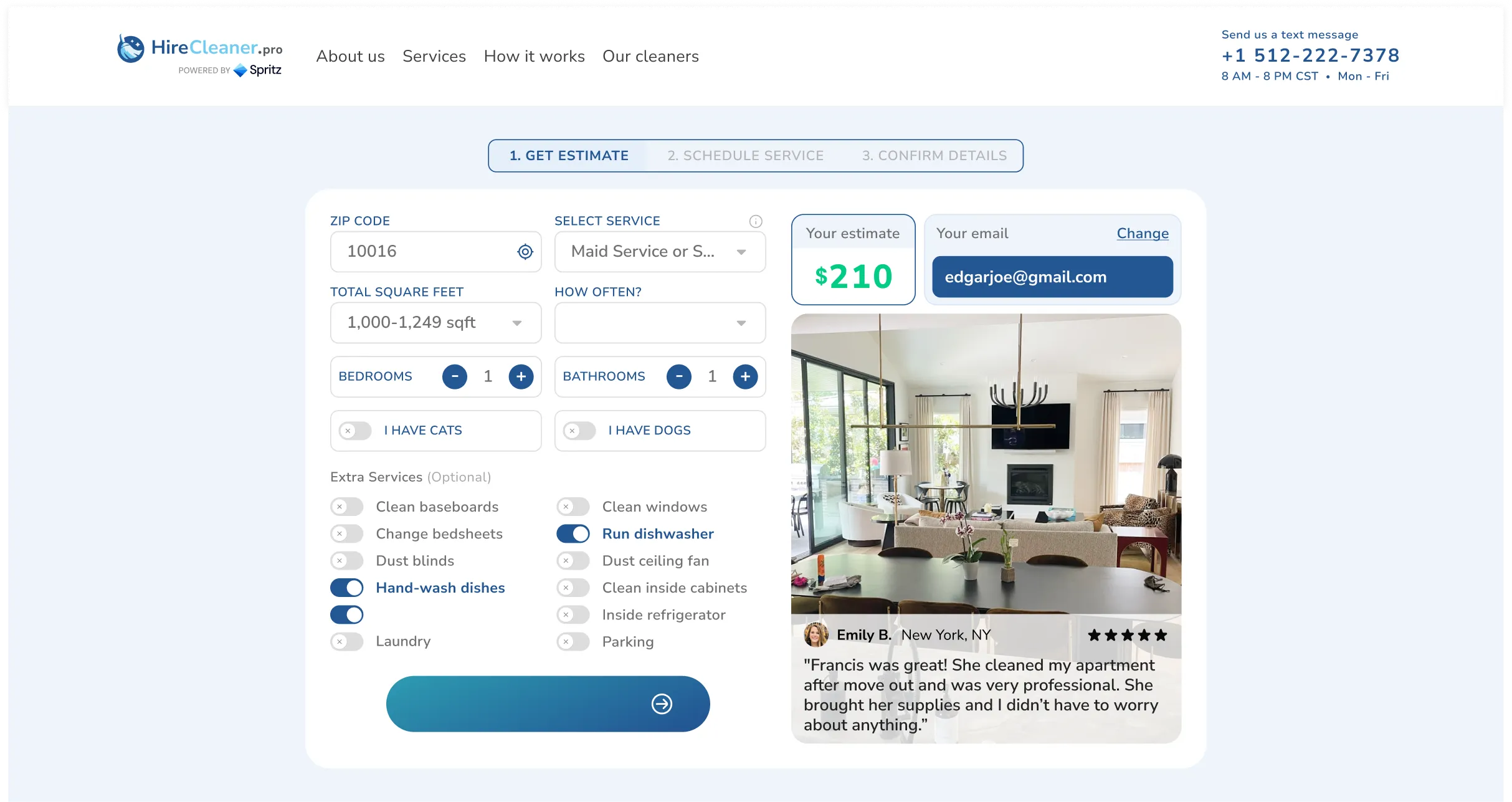 HireCleaner estimate flow property details step.