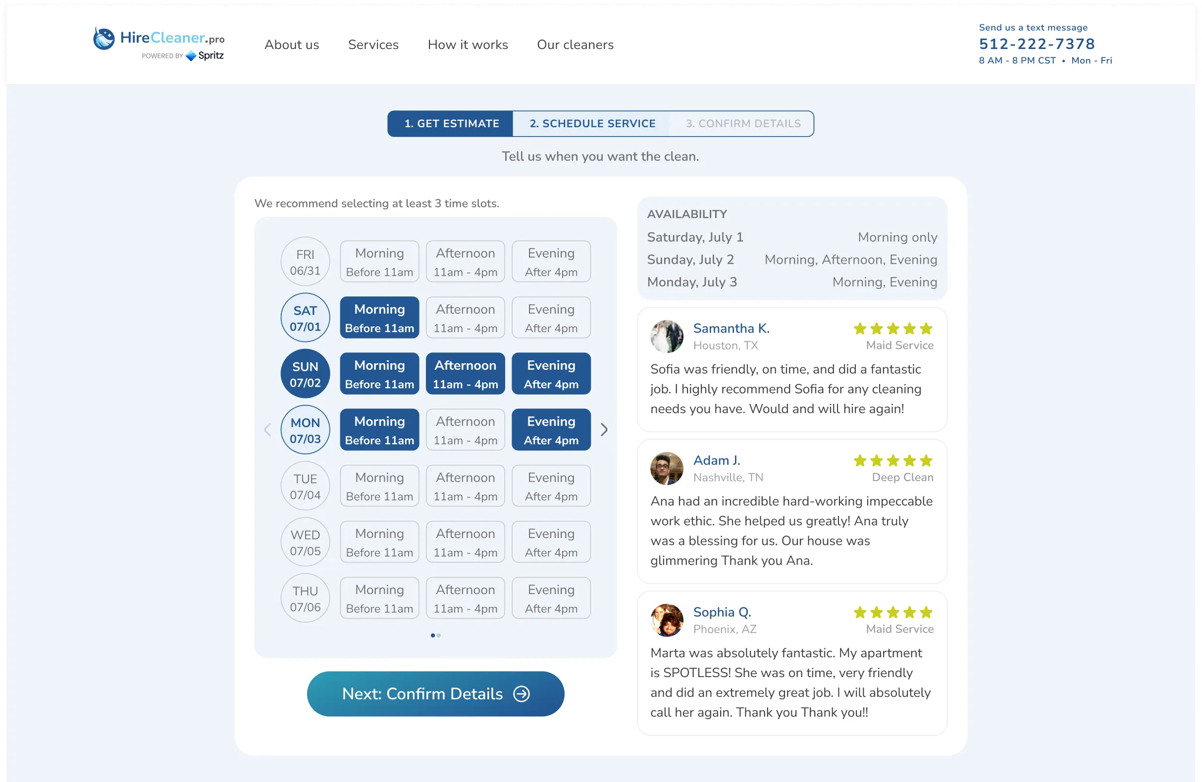 HireCleaner estimate flow scheduling step.
