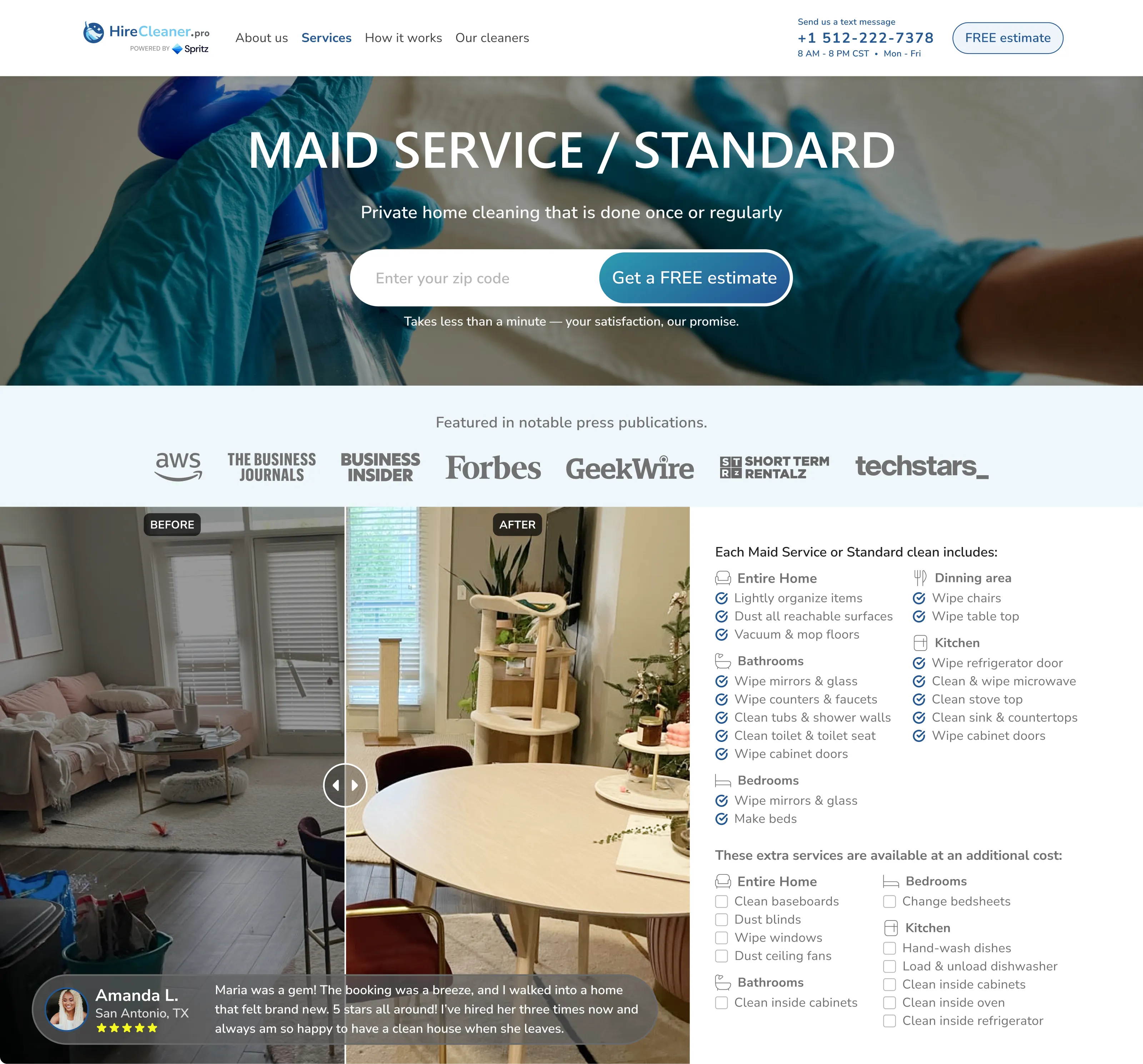HireCleaner standard cleaning service page.