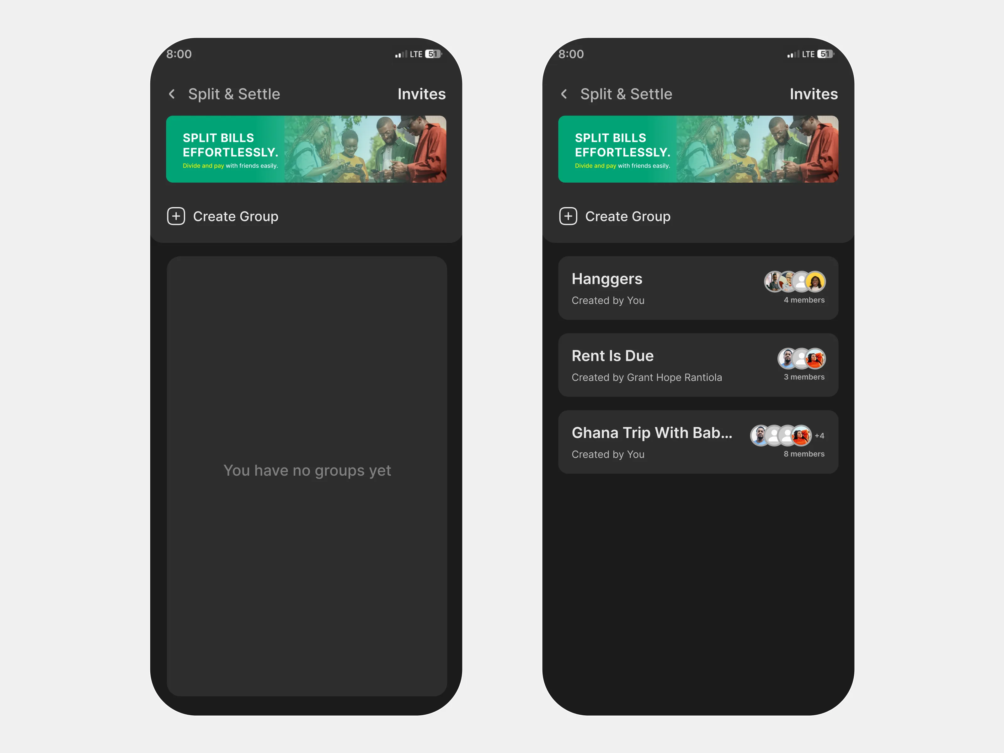 Dashboard states showing inactive and active Split & Settle conditions