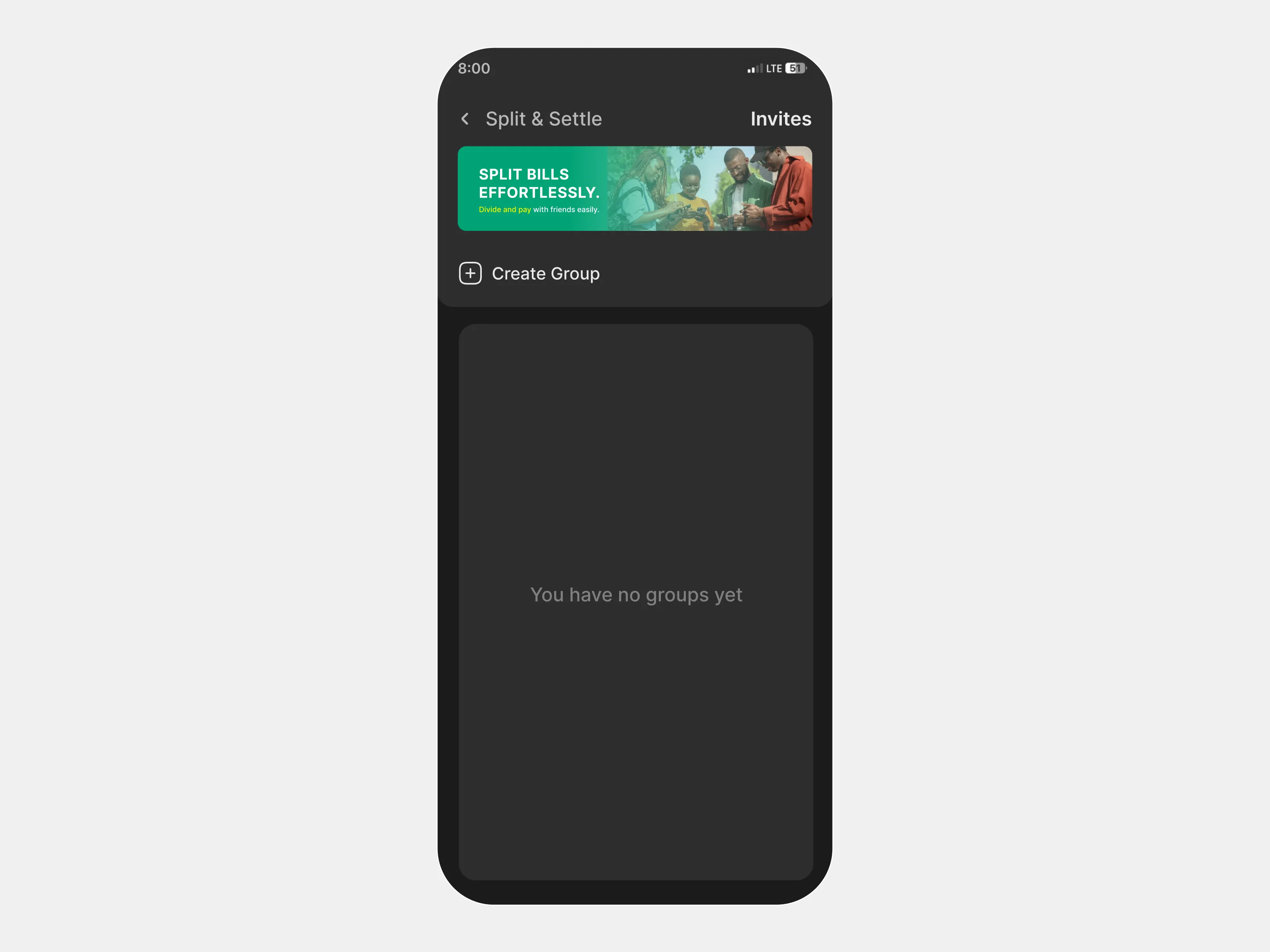 Empty Split & Settle dashboard showing the first-time use state