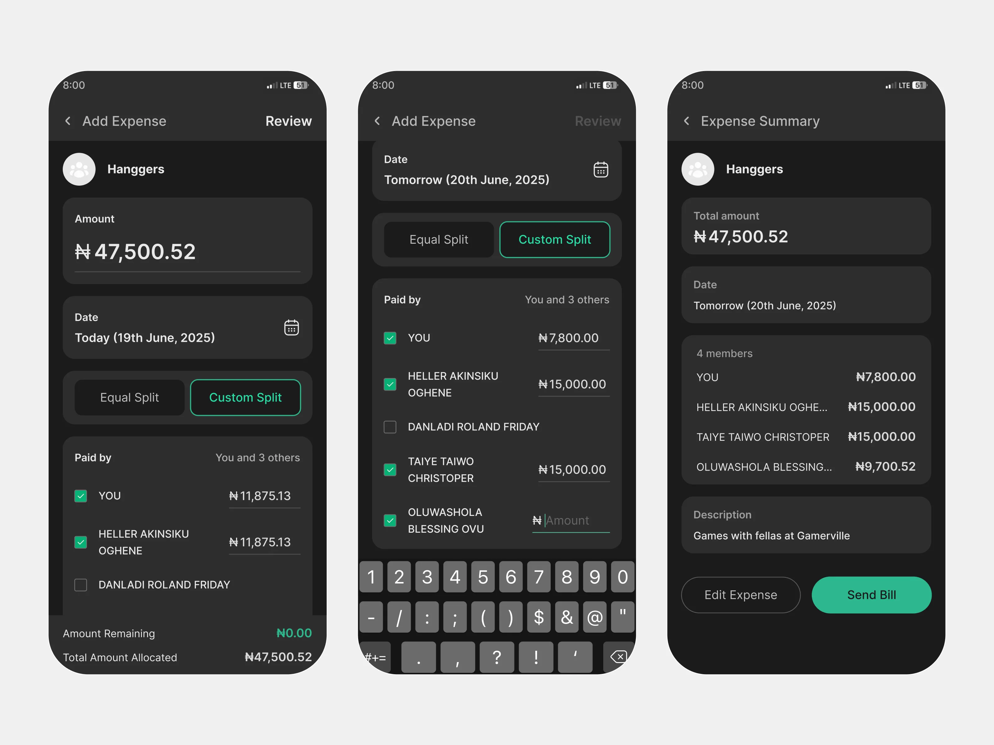 Custom split expense entry flow for Split & Settle