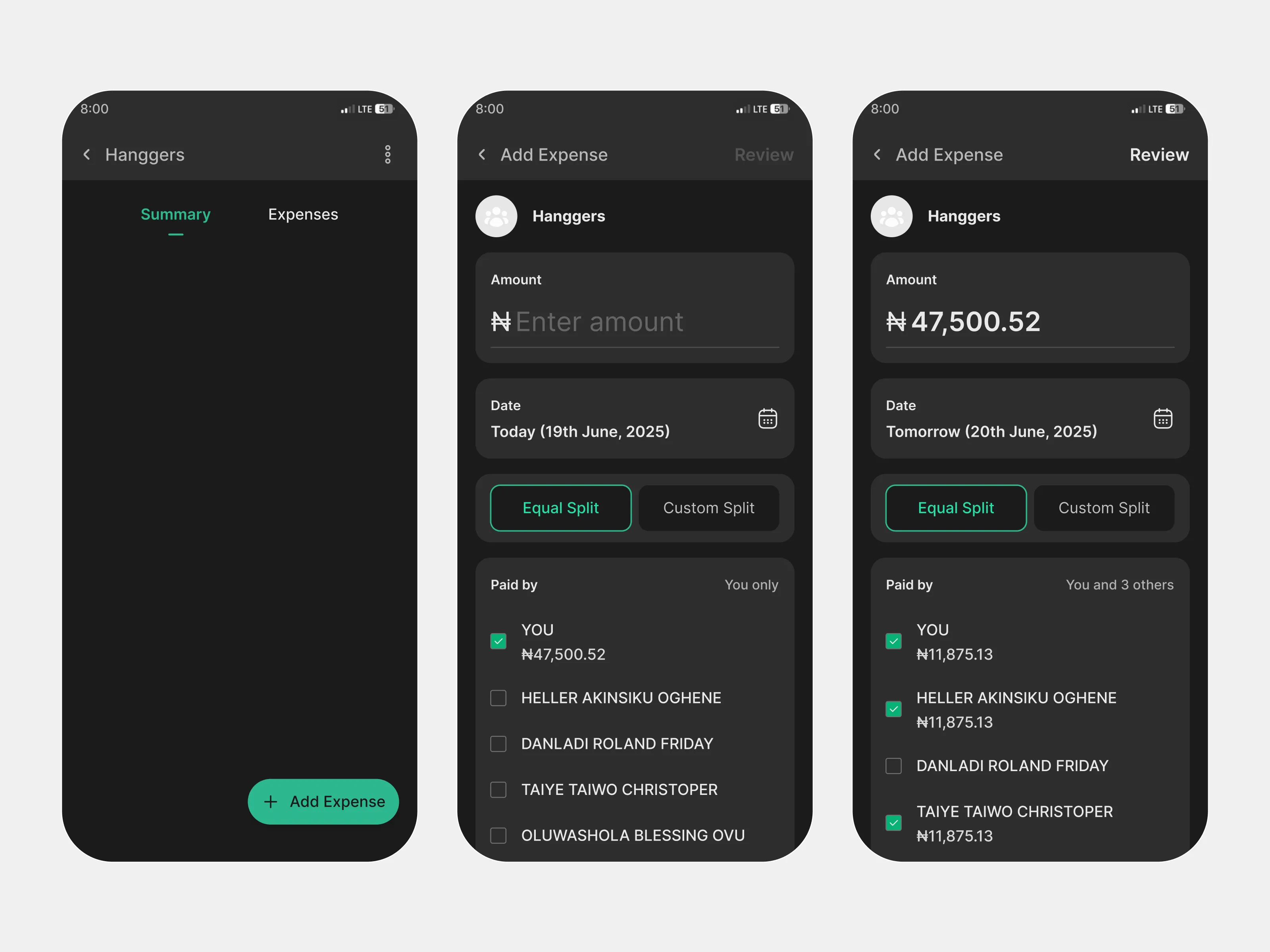 Equal split expense entry flow for Split & Settle