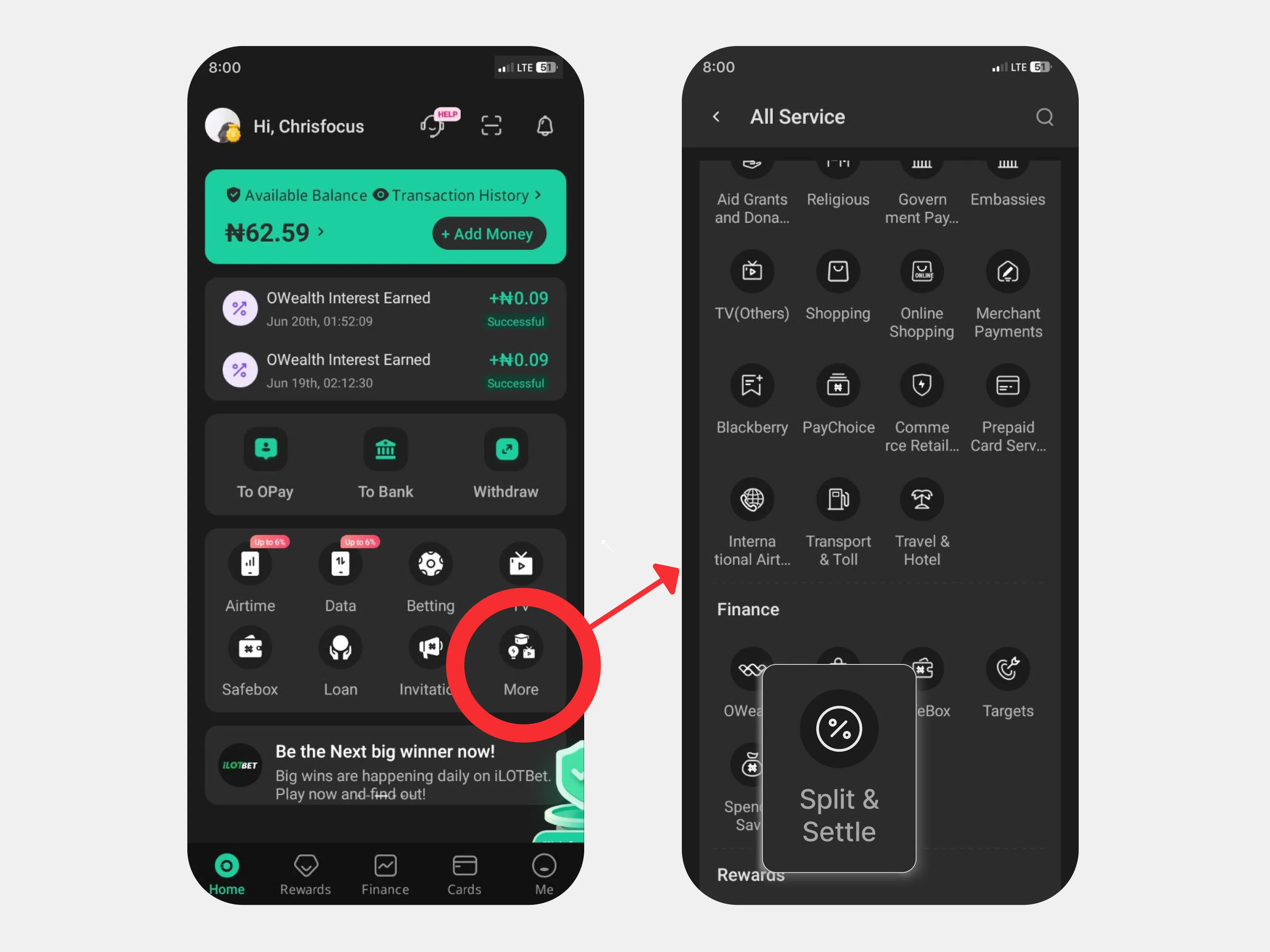 Entry point into Split & Settle from the OPay finance area