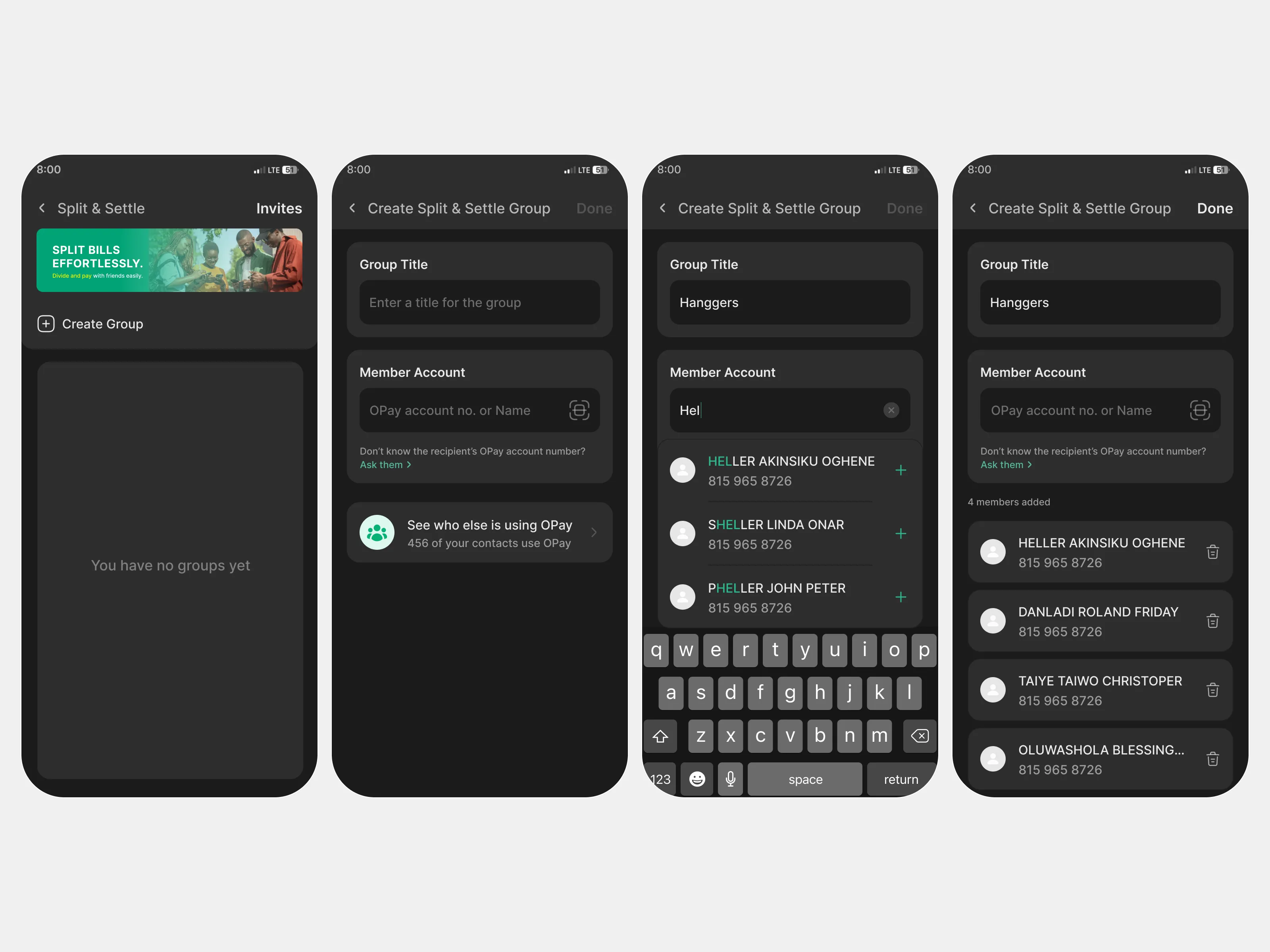 Split & Settle group creation flow showing create group, add members, and setup states
