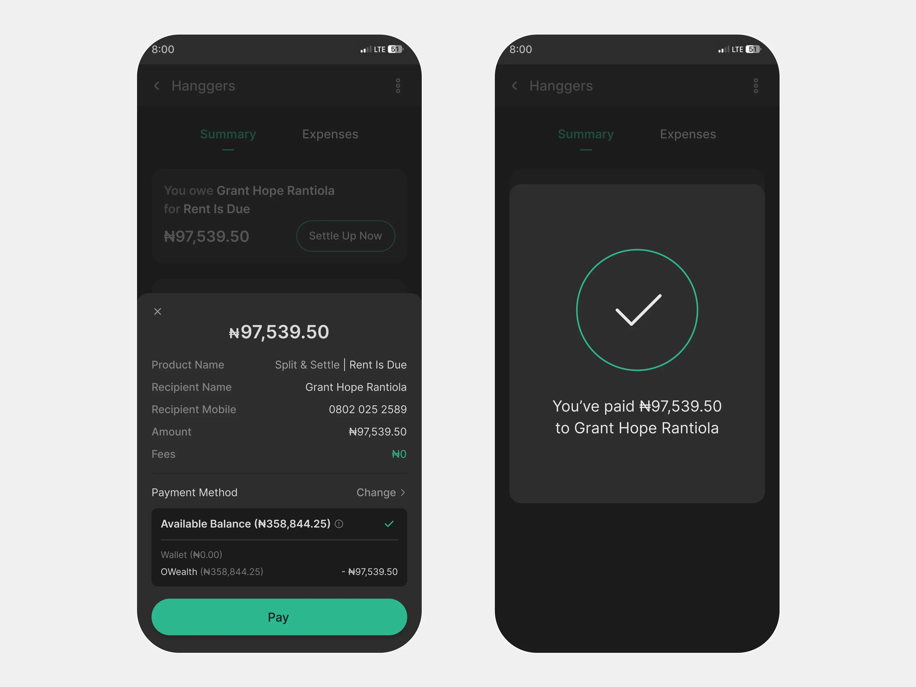 Settlement flow showing native payment completion inside OPay