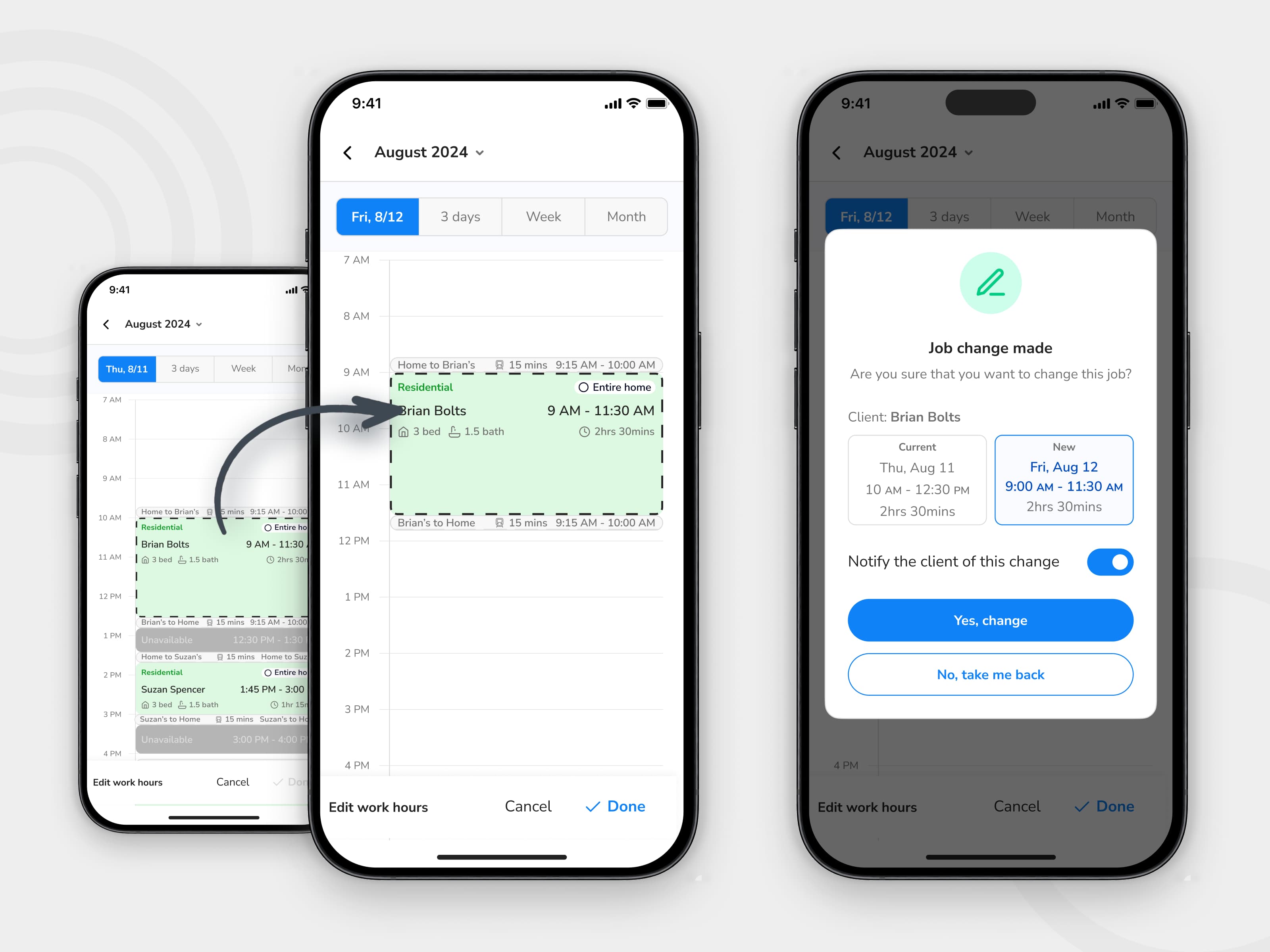 Reschedule flow in the Spritz mobile redesign.