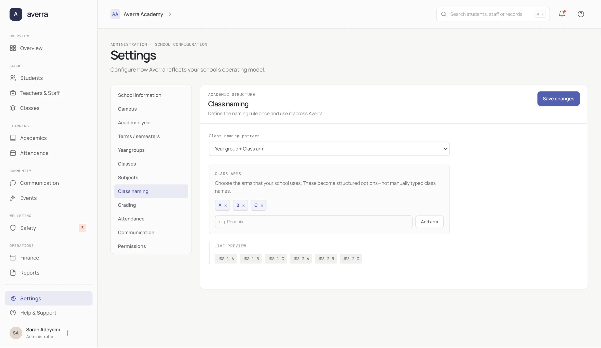 Averra class naming settings showing configurable class arms and live preview