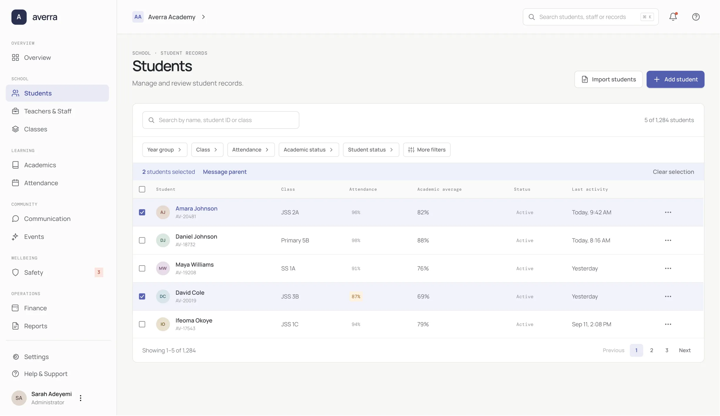 Averra student directory with multiple students selected
