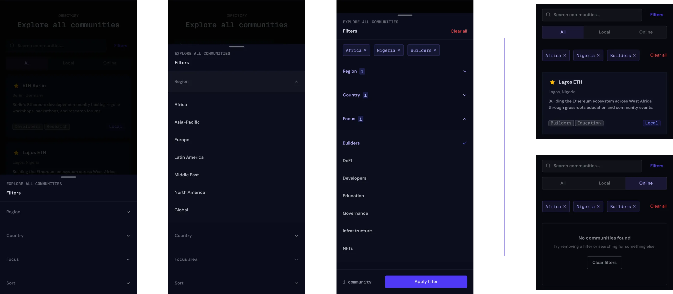 Etherally mobile filtering states including bottom sheet, selected filters, results and empty state