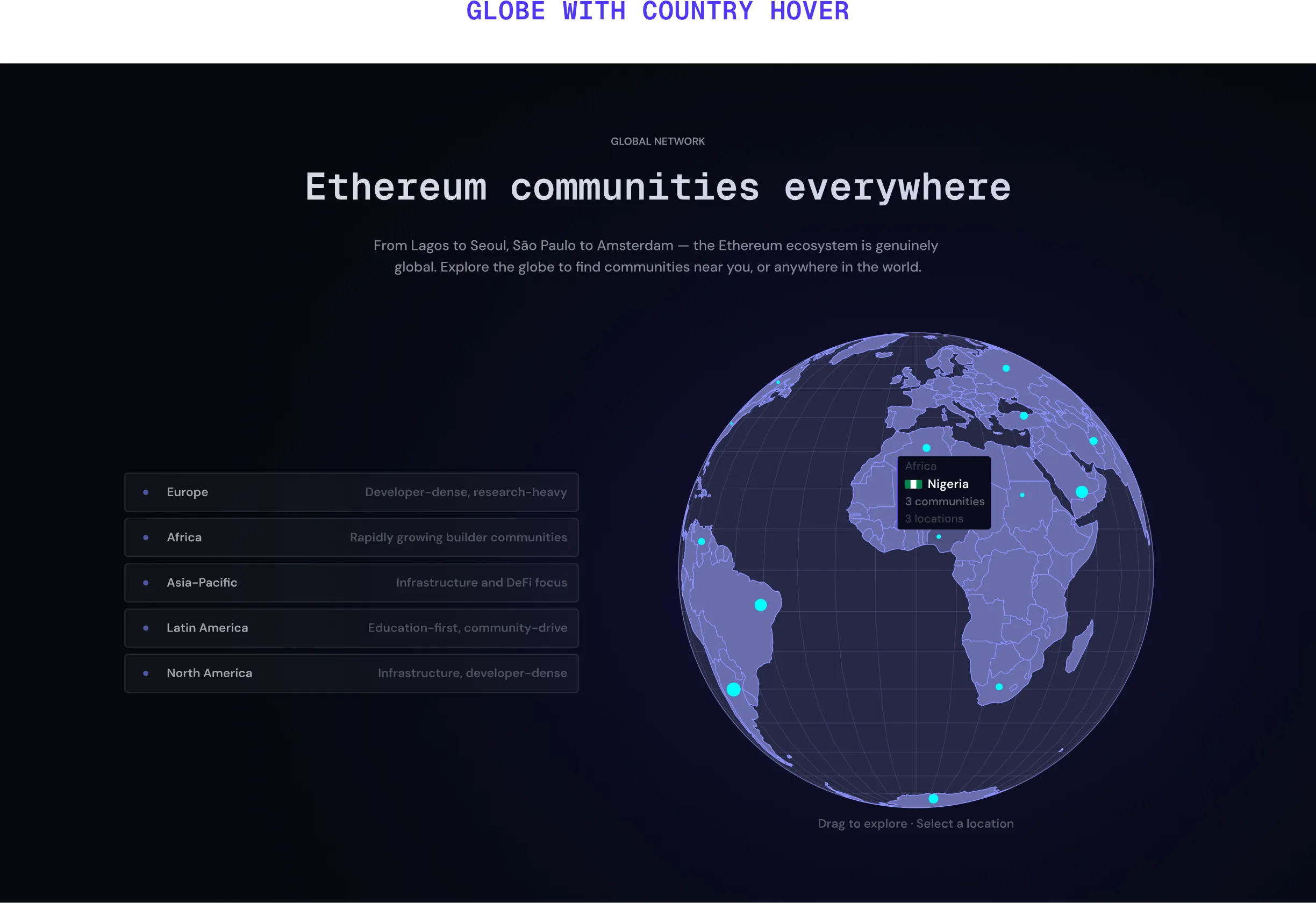 Etherally interactive globe with regional highlights and Nigeria hover state