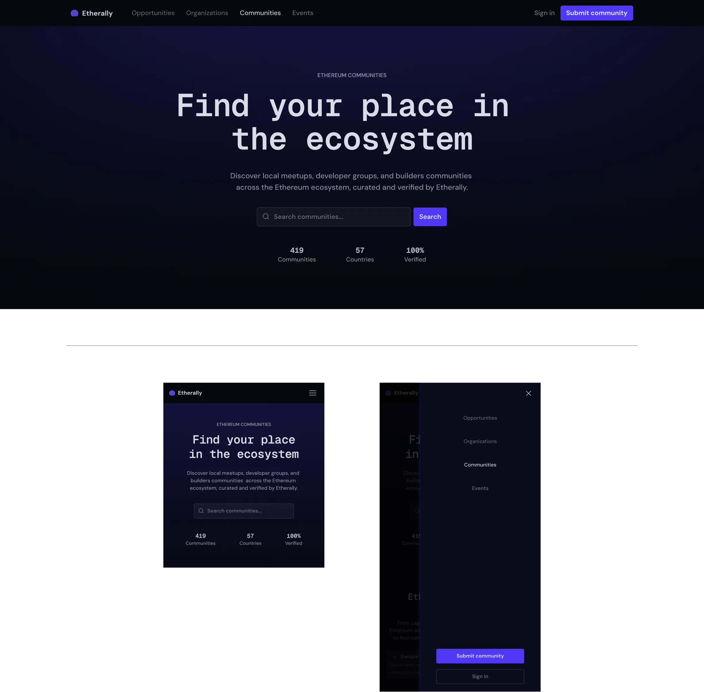 Etherally Communities navigation and hero desktop and mobile states