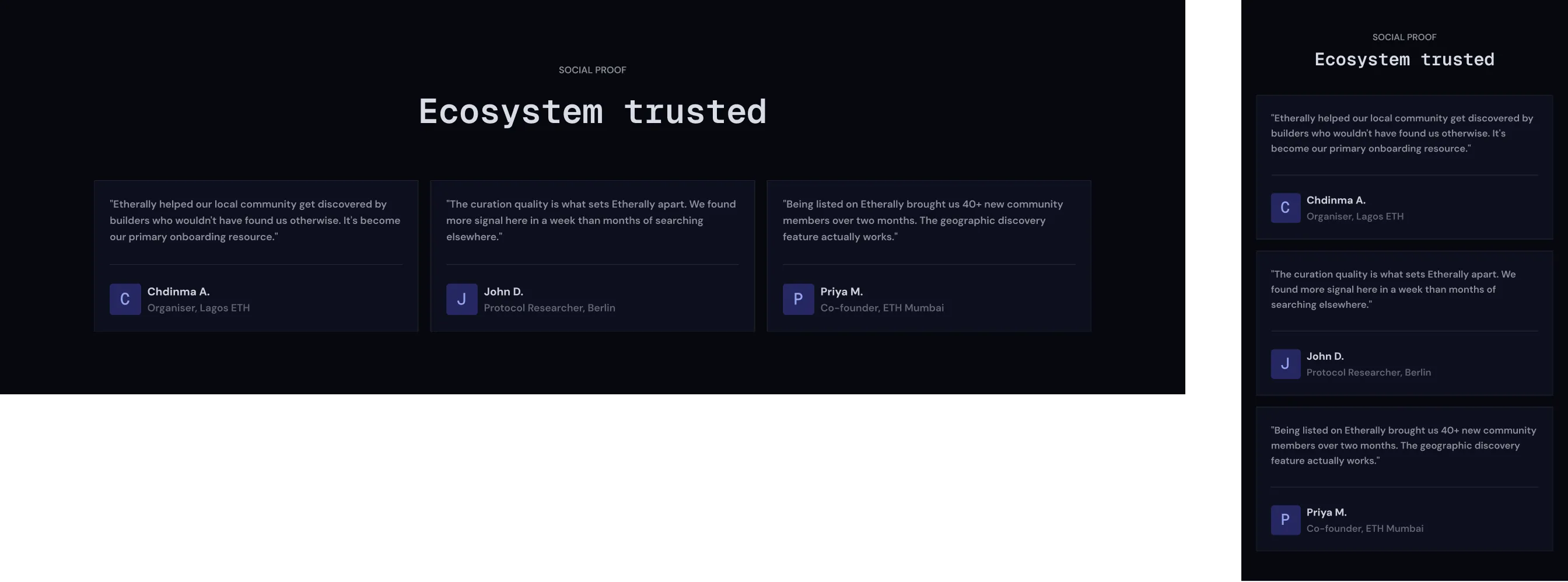 Etherally community testimonials and social proof