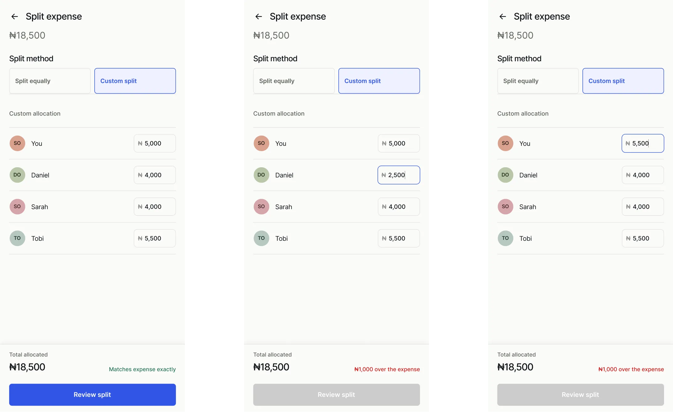 Quees custom expense split with live allocation validation