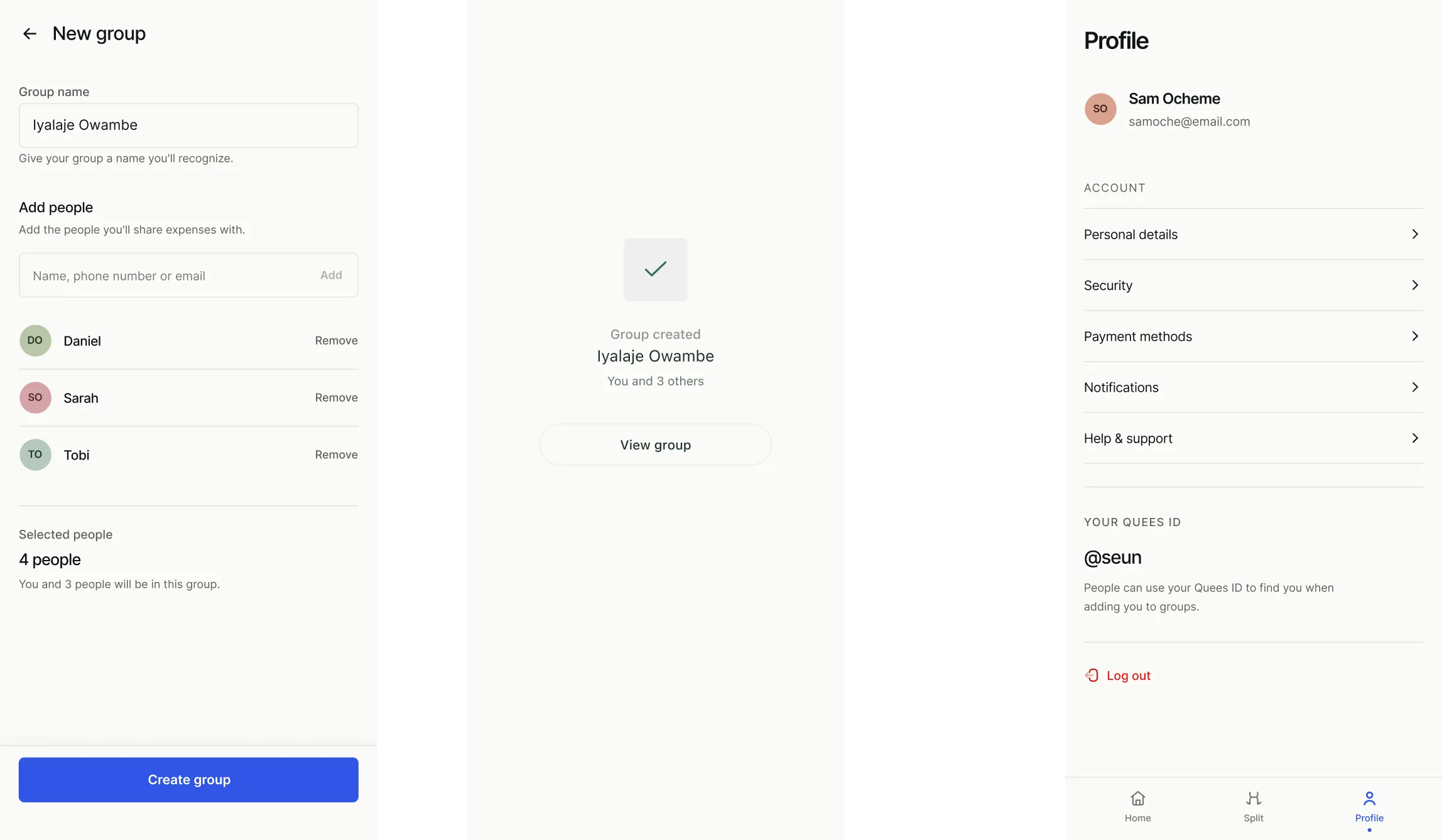 Quees group creation and profile experience