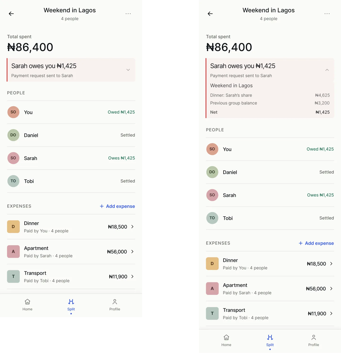 Quees group detail view with spending, people, expenses, and reconciled balances