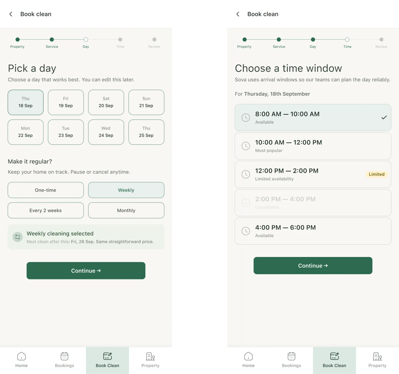 Sova day and time window selection flow