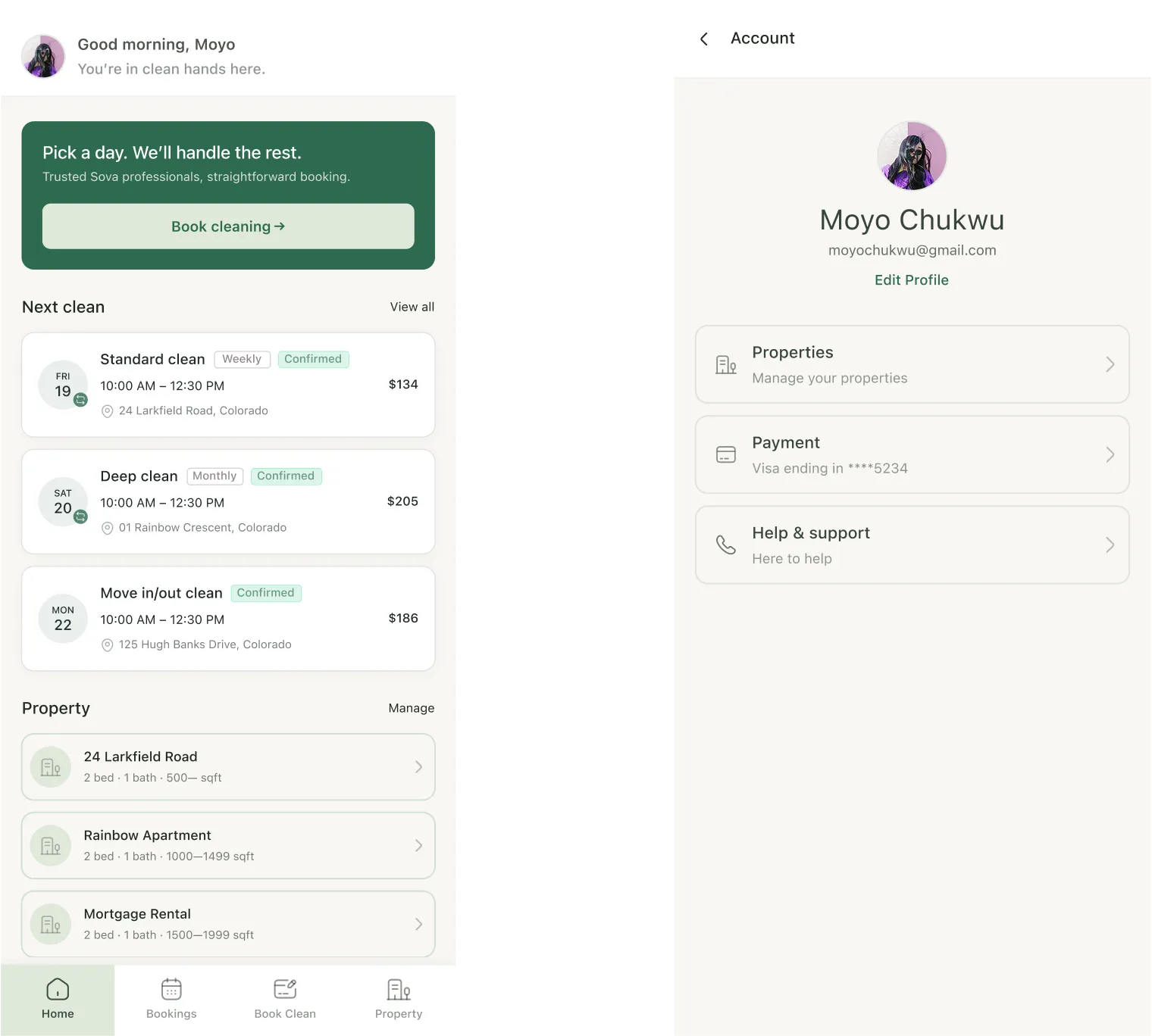 Sova customer home and profile experience