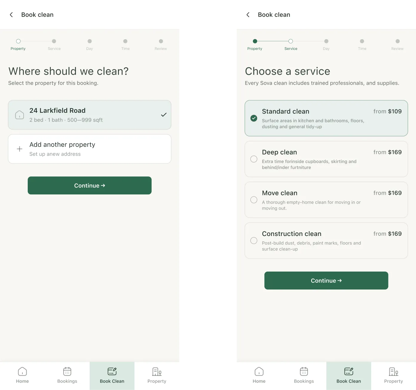 Sova service selection and property booking experience