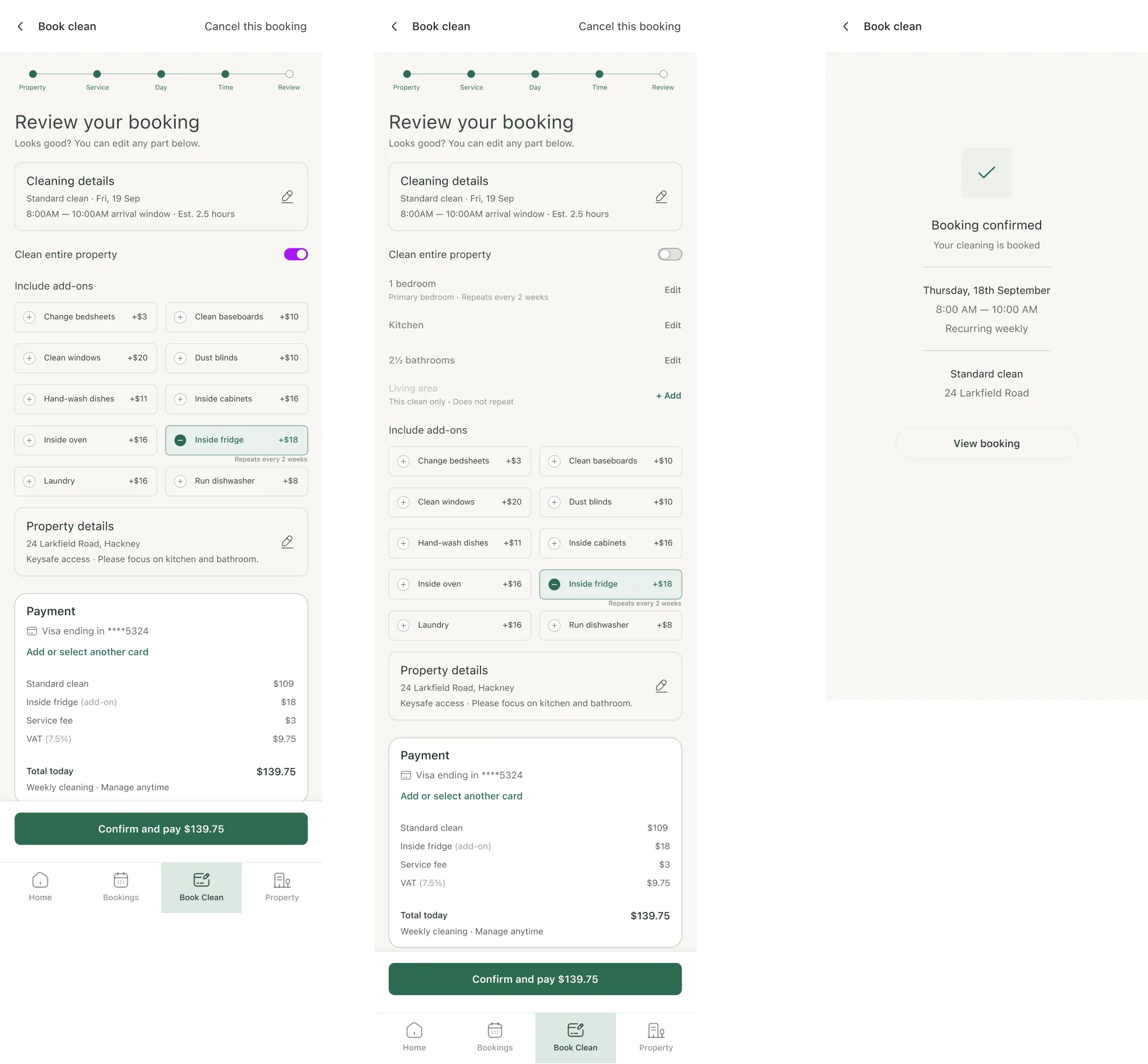 Sova booking review and confirmation flow