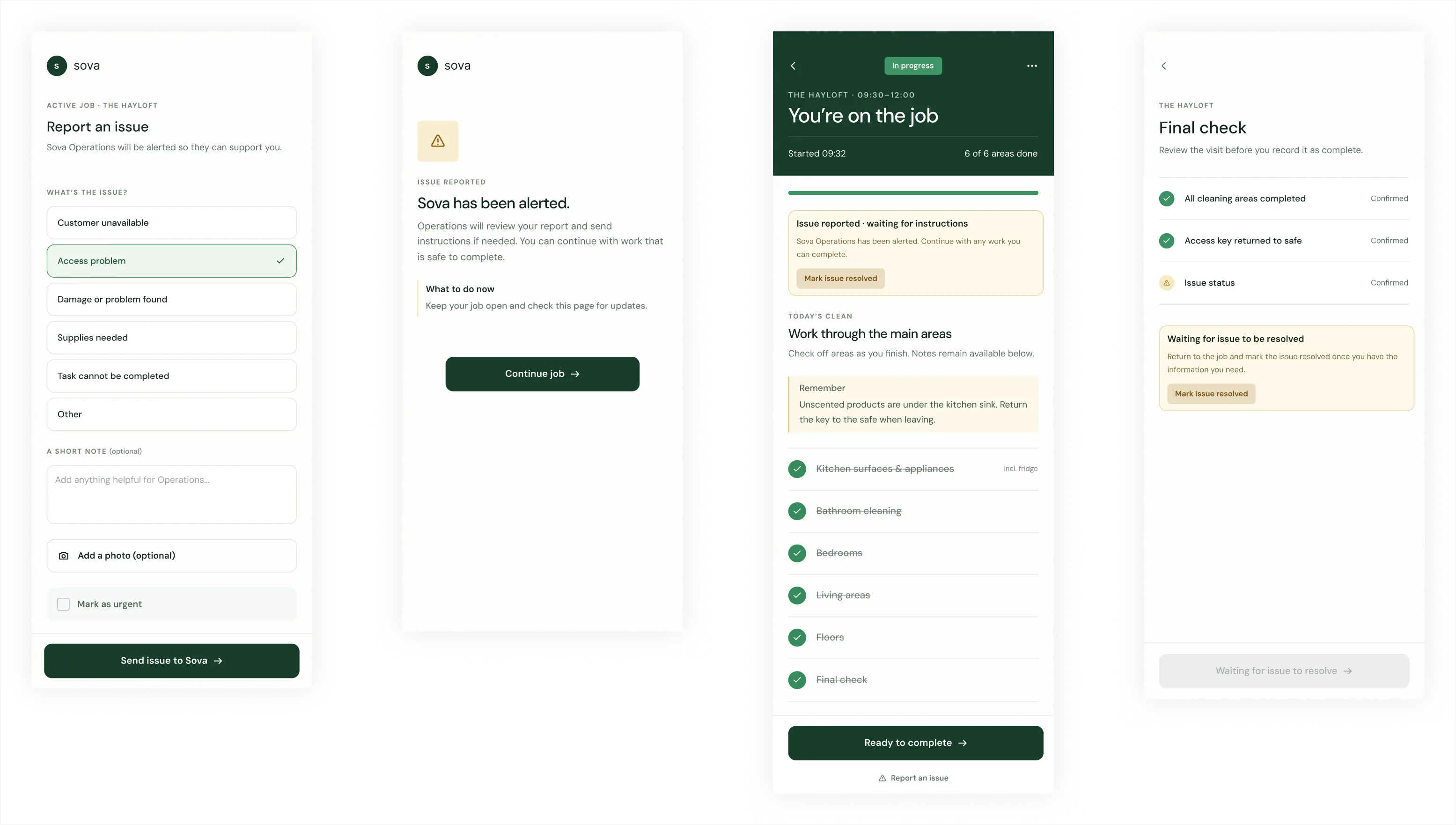 Sova field issue reporting and resolution states