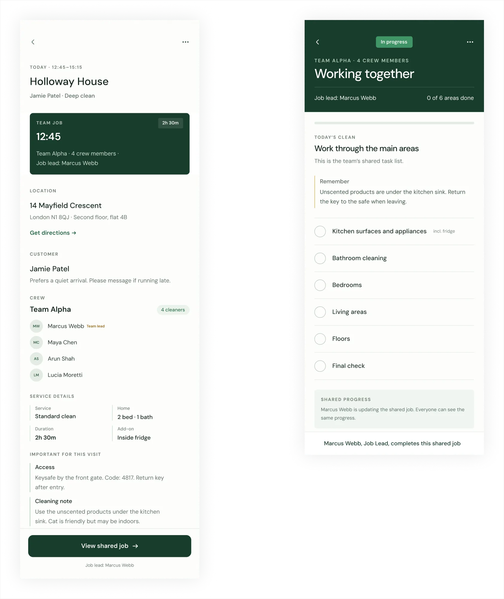 Sova field job detail state showing the service context at job level