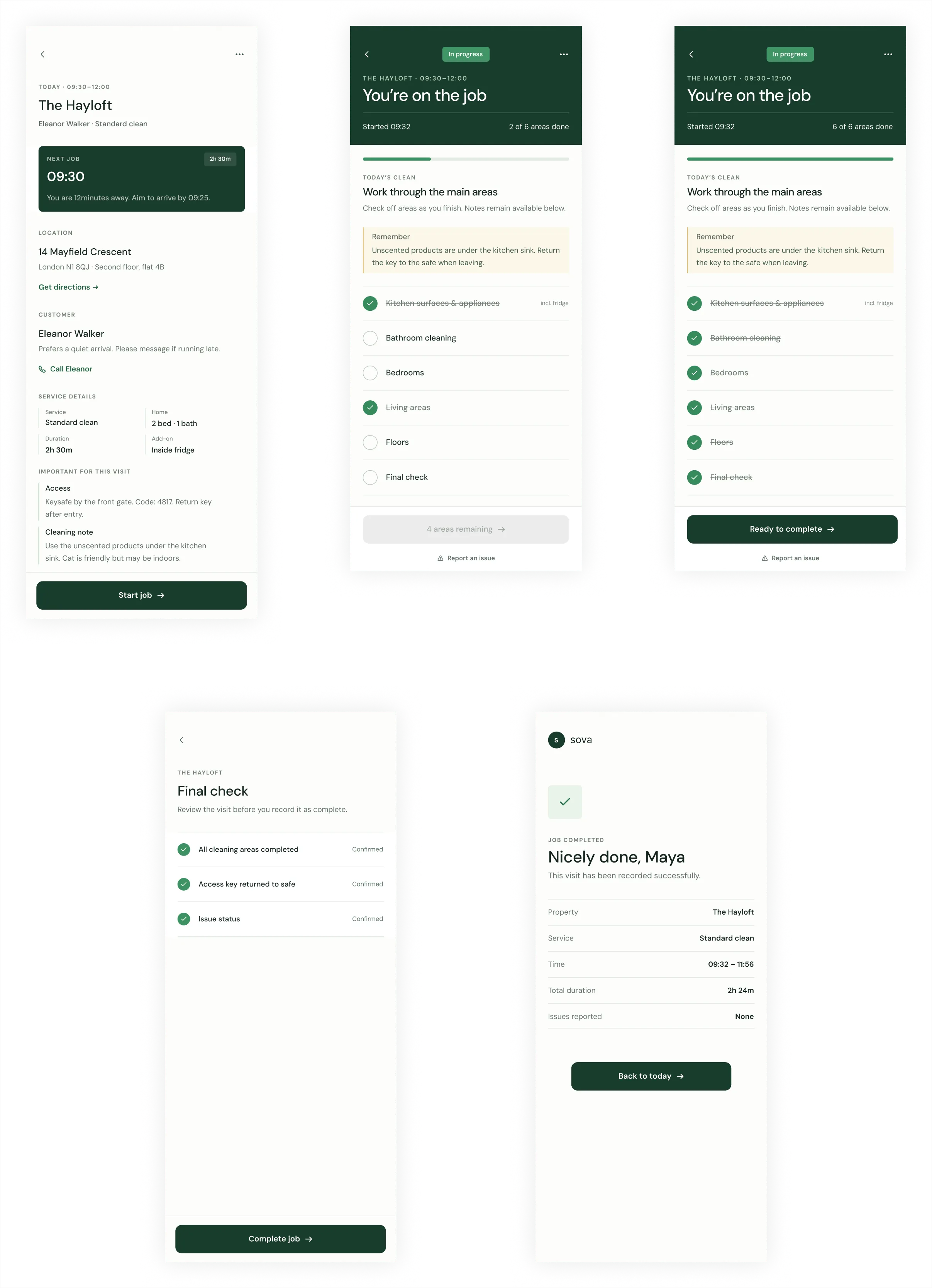 Sova field job details showing the execution flow and checklist
