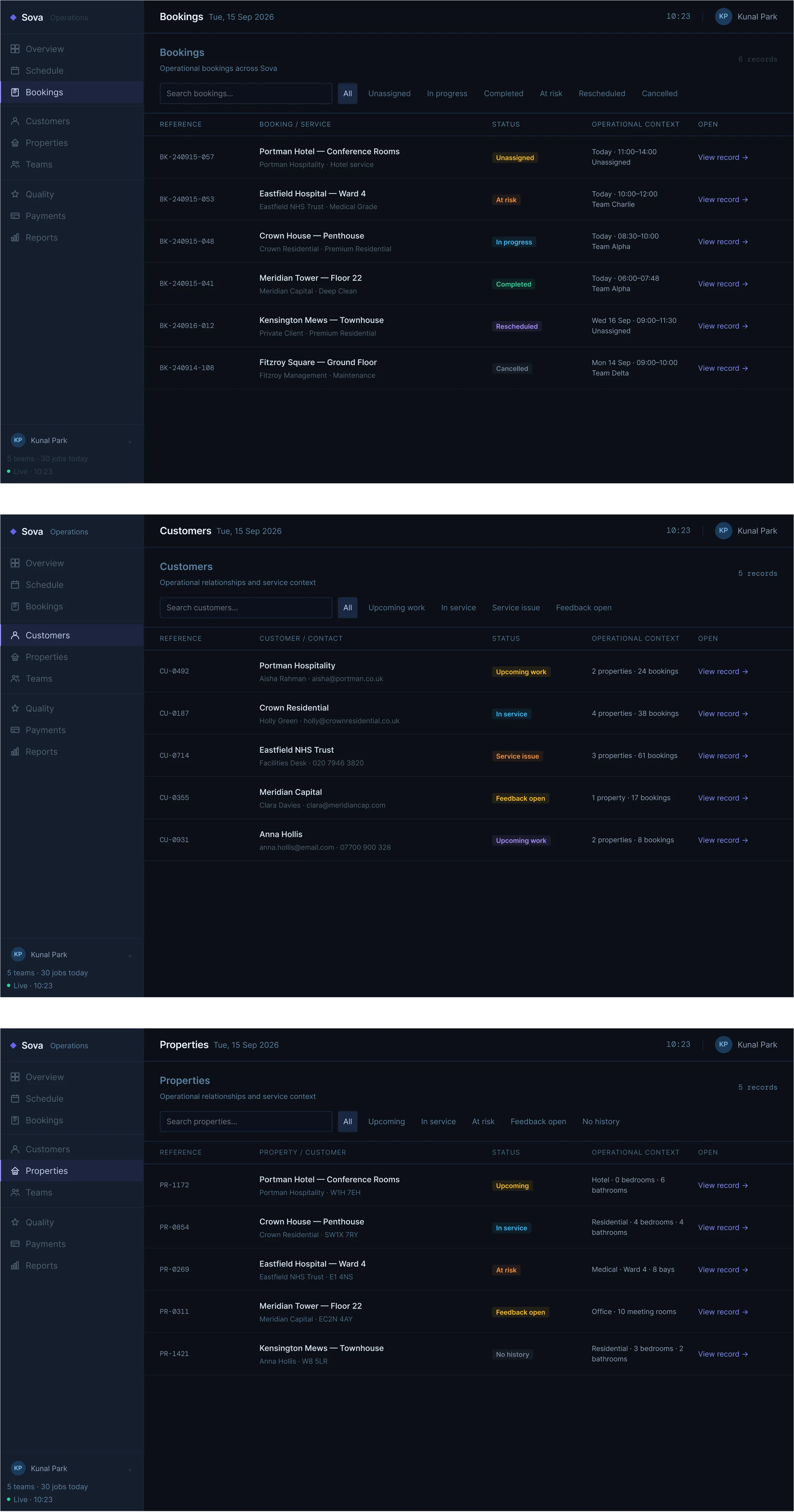 Sova bookings, customers, and properties views showing the broader operations workspace