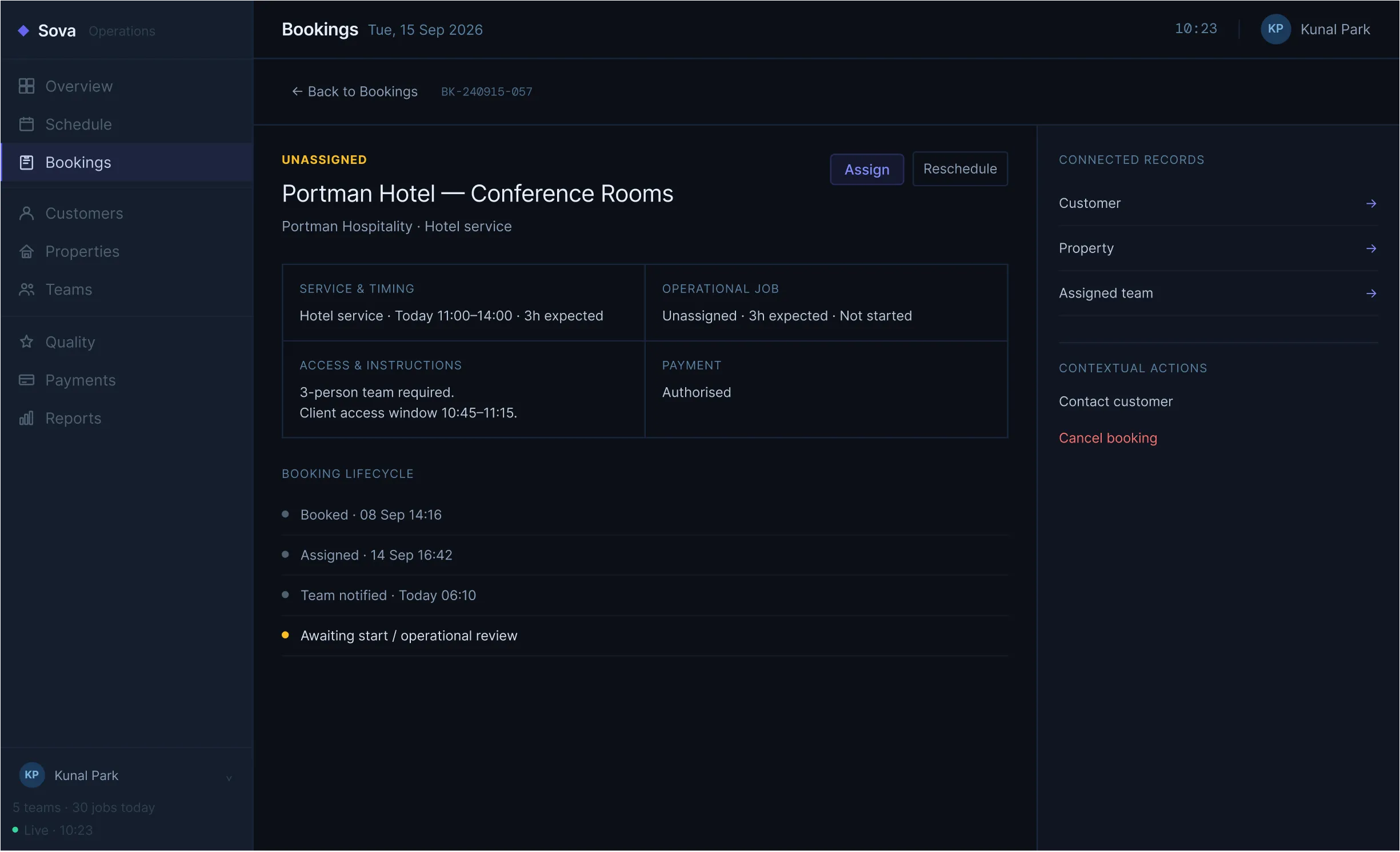 Sova canonical booking detail page showing connected operational information