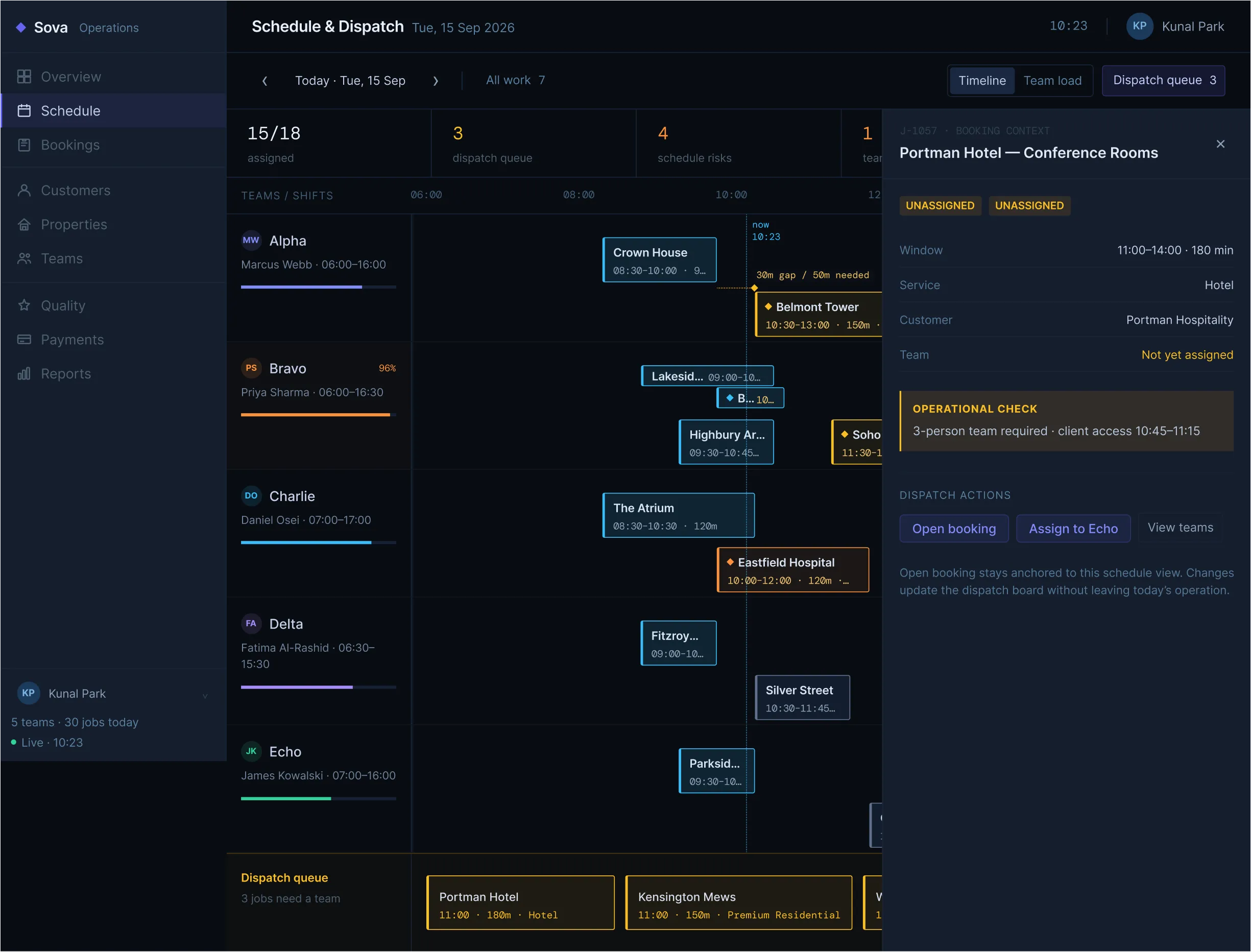 Sova dispatch queue showing an operator reviewing a job and making an assignment