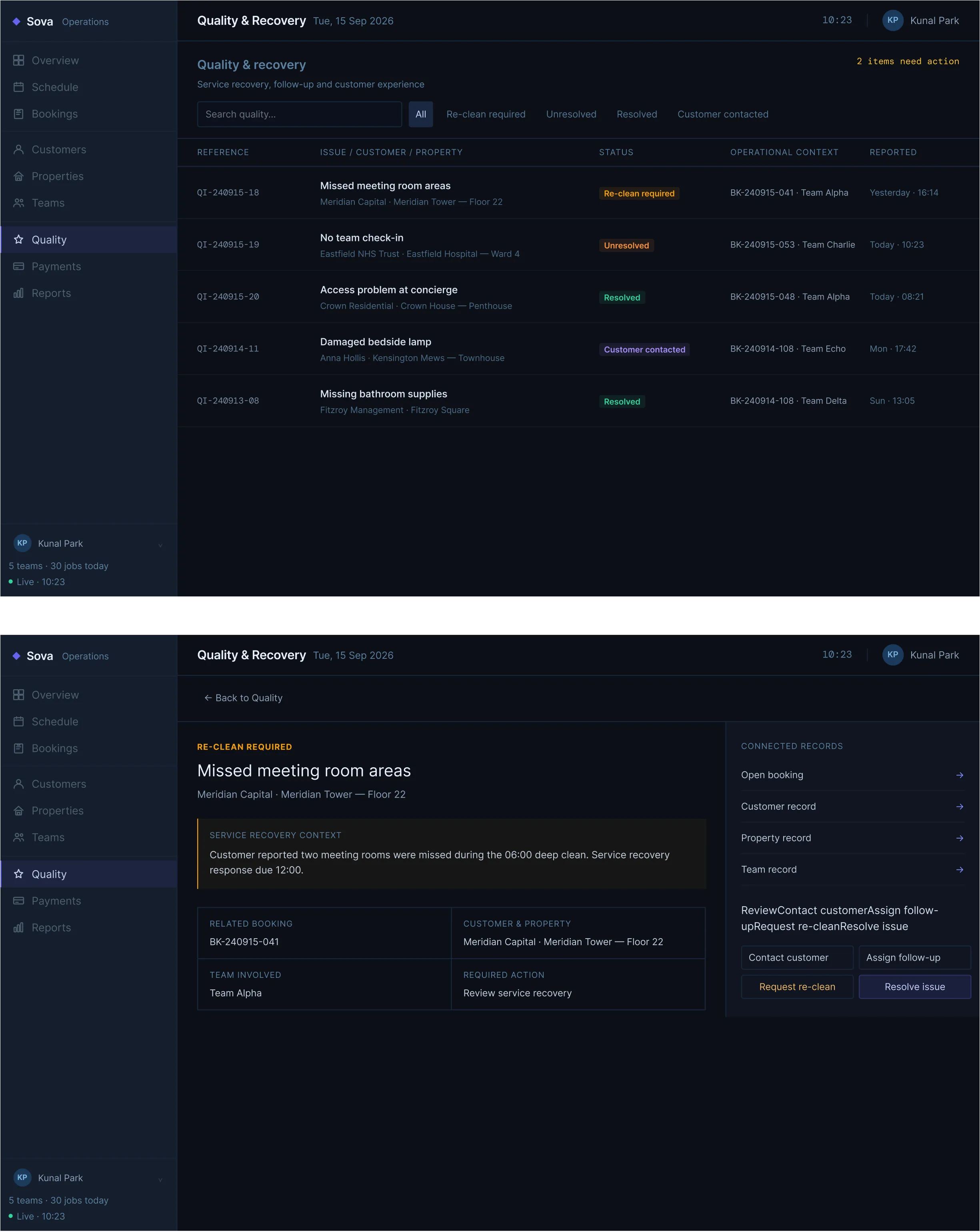 Sova quality and recovery view showing a service issue and resolution actions
